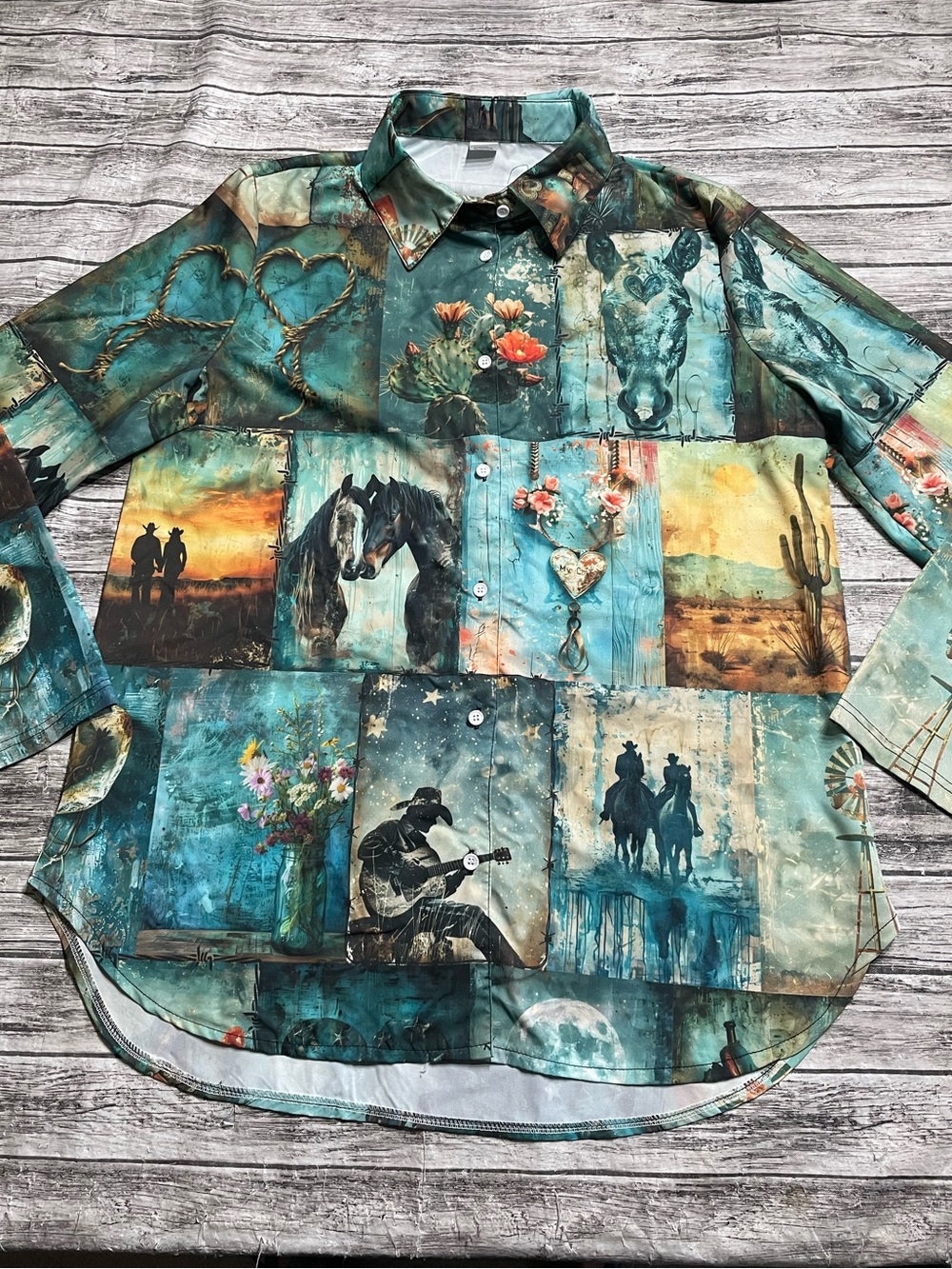 Ladies Large teal multi-panel Baha Ranch Painted Prairie Horse Print Button Up B
